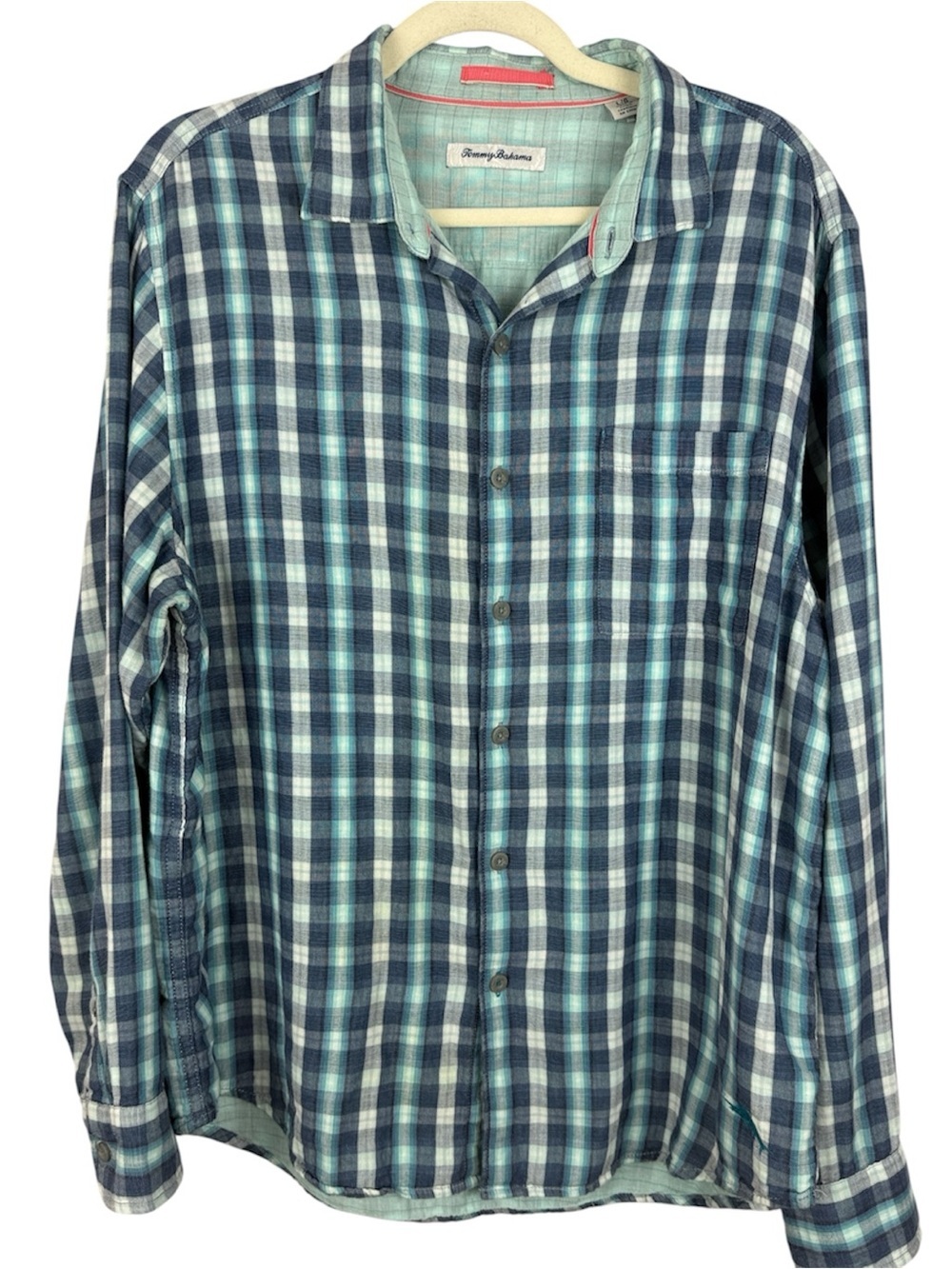 Tommy Bahama Men's L/G Plaid Long Sleeve Button Down Shirt Blue Teal Cotton